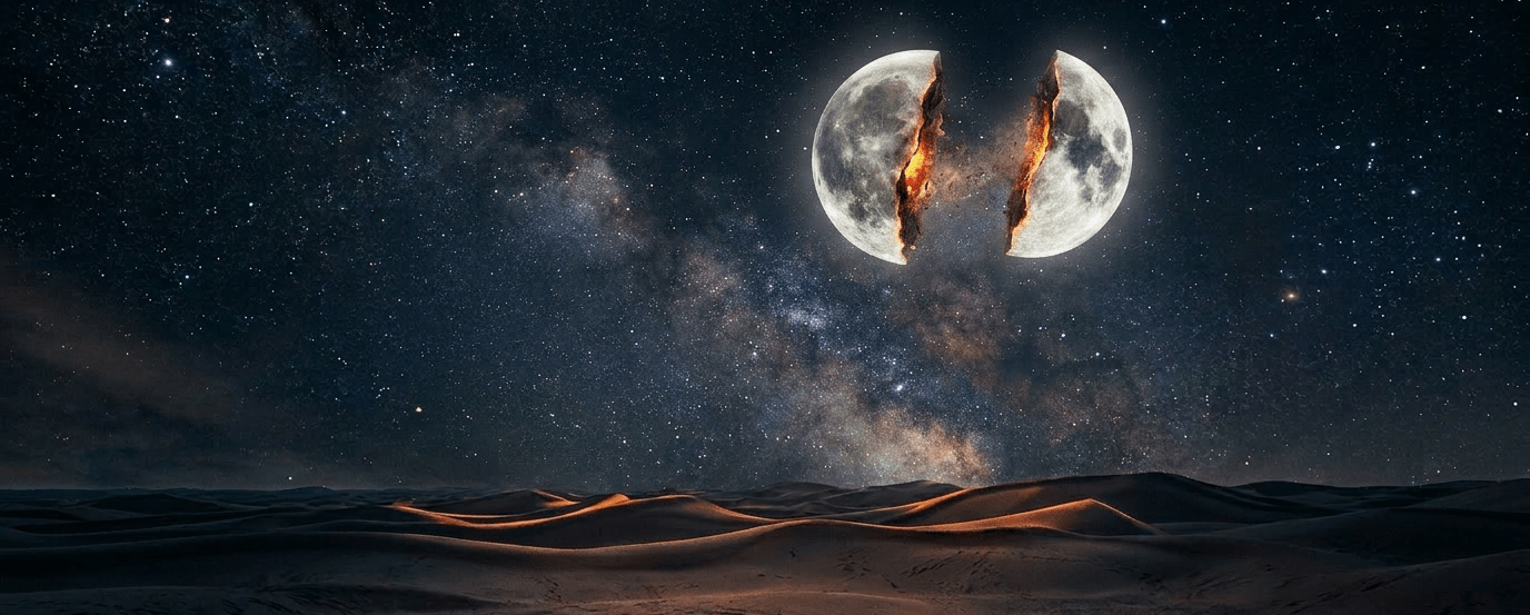 Full moon split in two halves glowing with lava cracks over dark river valley and starry sky