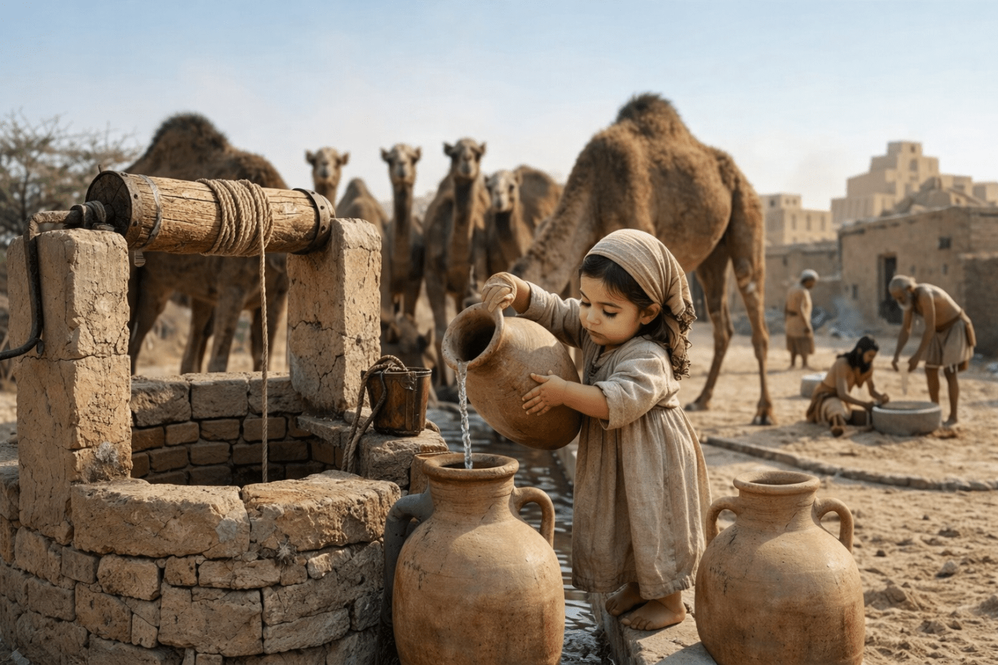 Child pouring water into trough while camels drink from it