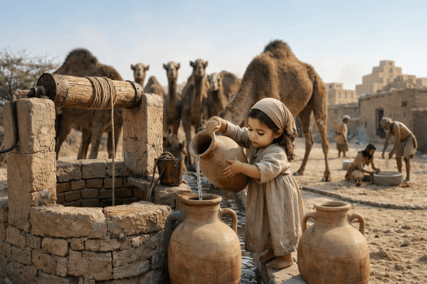 Child pouring water into trough while camels drink from it